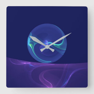Horloge Carrée Lumineuse Bleu Violet Rêve Abstrait Fractal Art