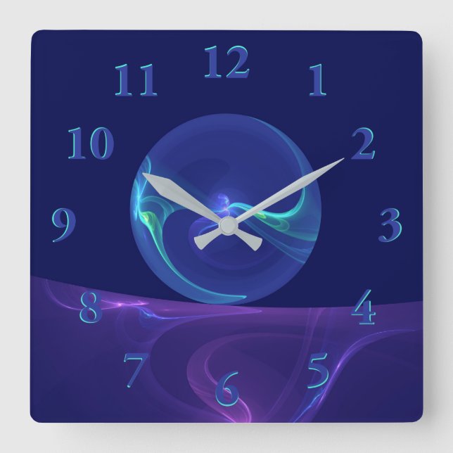 Horloge Carrée Lumineuse Bleu Violet Rêve Abstrait Fractal Art (Recto)