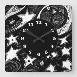 Horloge Carrée Lune Abstraite Et Étoiles