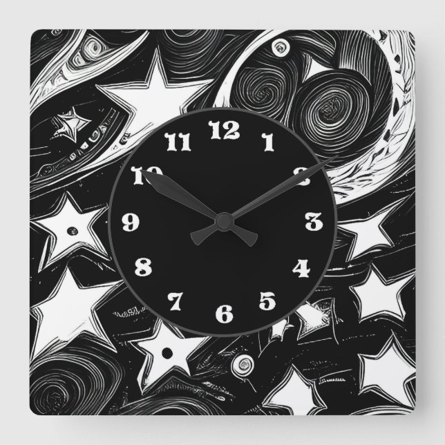 Horloge Carrée Lune Abstraite Et Étoiles (Recto)
