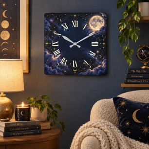 Horloge Carrée Lune céleste et étoiles en chiffre romain