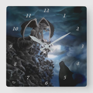 Horloge Carrée Lune de loup - Loup avec Golem