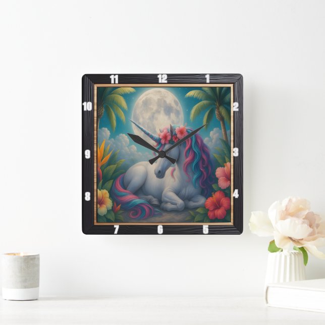 Horloge Carrée Lune Unicorne Fleurs tropicales (Maison)
