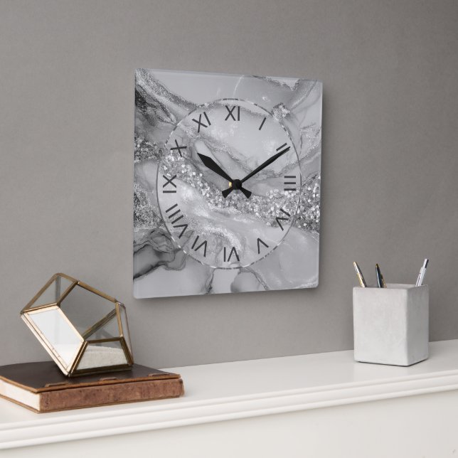 Horloge Carrée Luxury Silver & White Flowing Marble (Bureau)