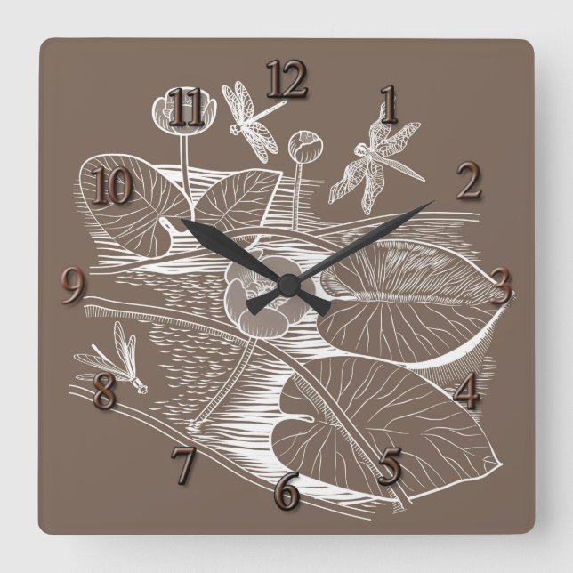 Horloge Carrée Lys d'eau marron (Recto)