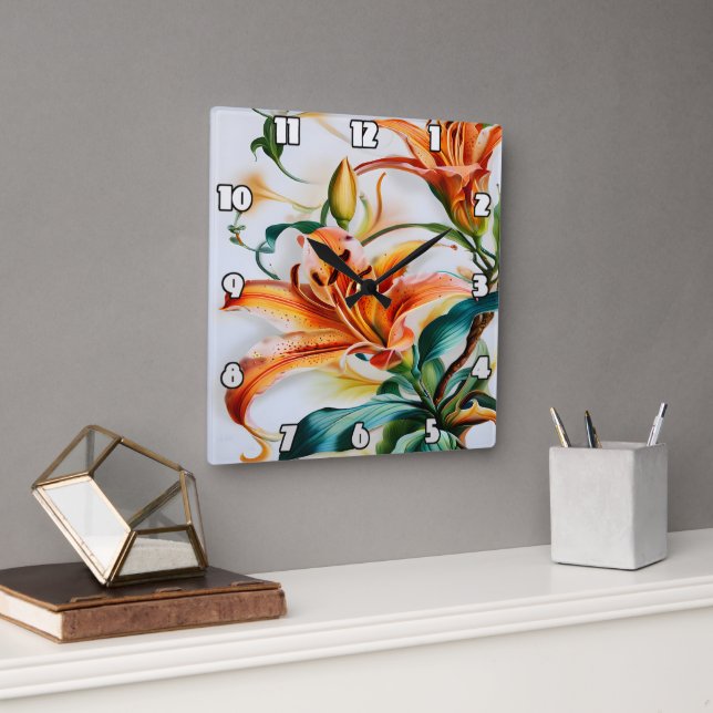 Horloge Carrée Lys orange vifs en fleurs au printemps (Bureau)