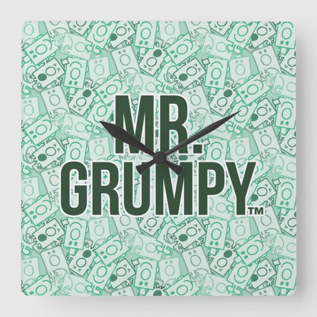 Horloge Carrée M. Grumpy | Nom vert et Motif de caractères (Recto)