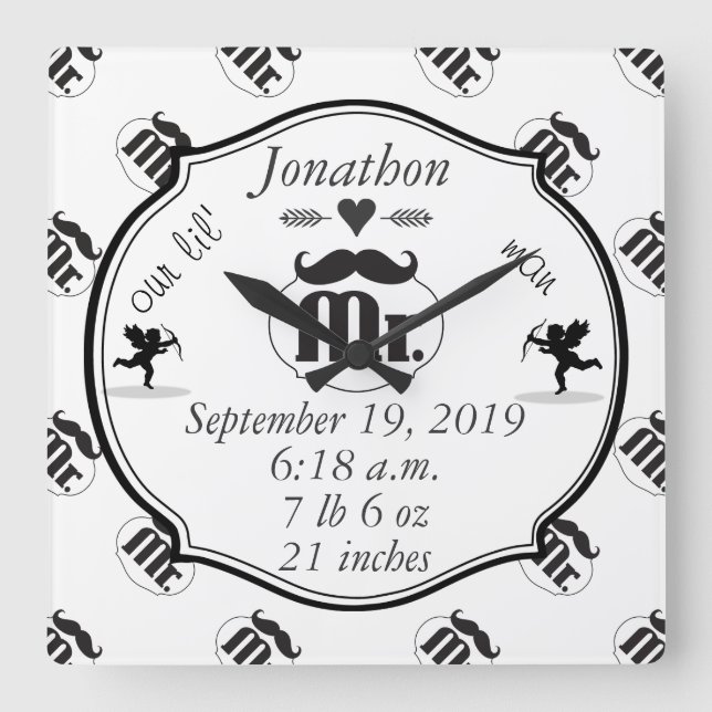 Horloge Carrée M. Mustache Lil Man Baby Boy Statistiques (Recto)