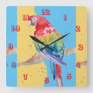 Horloge Carrée Macaw Watercolor Parrot Bird Childrens