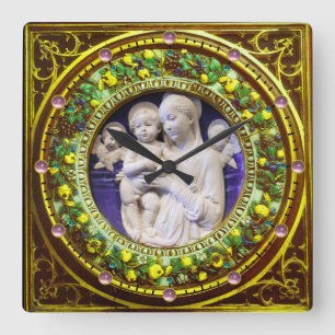 HORLOGE CARRÉE MADONNA AVEC ENFANT, ANGES FLORAL RENAISSANCE COUR
