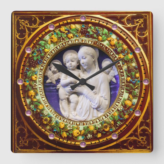 HORLOGE CARRÉE MADONNA AVEC ENFANT, ANGES FLORAL RENAISSANCE COUR (Recto)