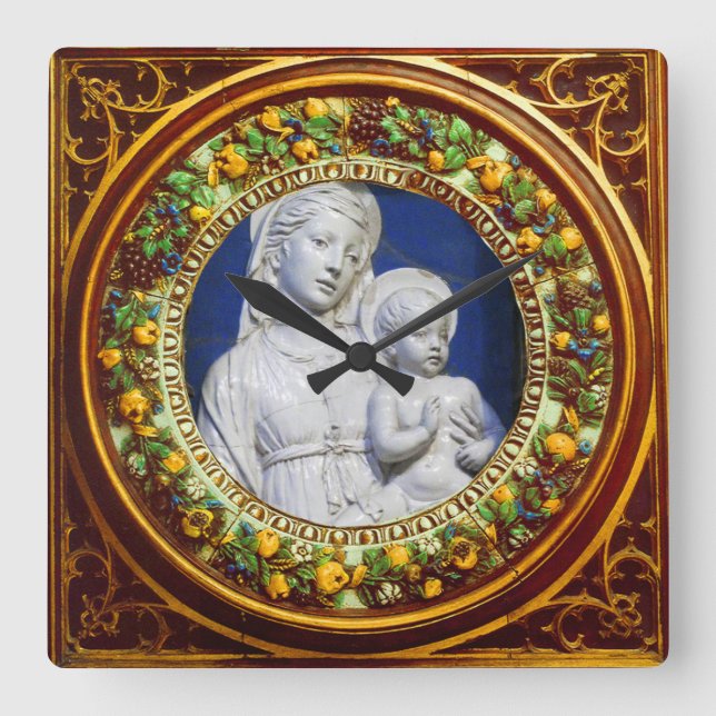 HORLOGE CARRÉE MADONNA AVEC ENFANT FLORAL RENAISSANCE COURONNE (Recto)