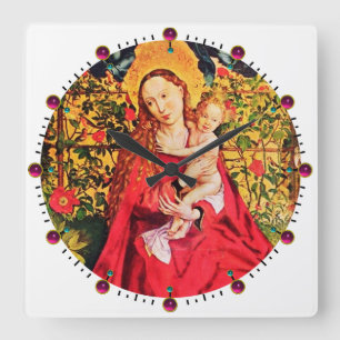 Horloge Carrée MADONNA OF THE ROSE BOWER, PINK FUCHSIA GEMS, Whit