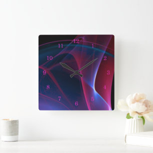 Horloge Carrée Magenta de rêve et oeuvre d'art Abstraite bleue