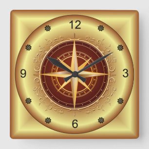 Horloge Carrée Magnifique compass unique Gold & Maroon ~