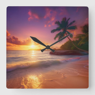 Horloge Carrée Magnifique coucher de soleil tropical sur la plage