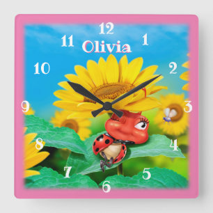 Horloge Carrée Magnifique Ladybug qui snoie sur les tournesols.