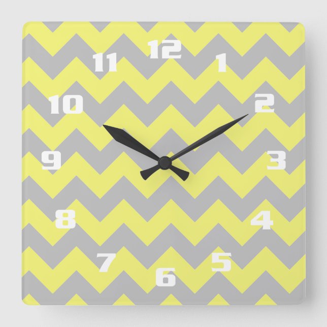 Horloge Carrée Magnifique motif chevron jaune et gris (Recto)
