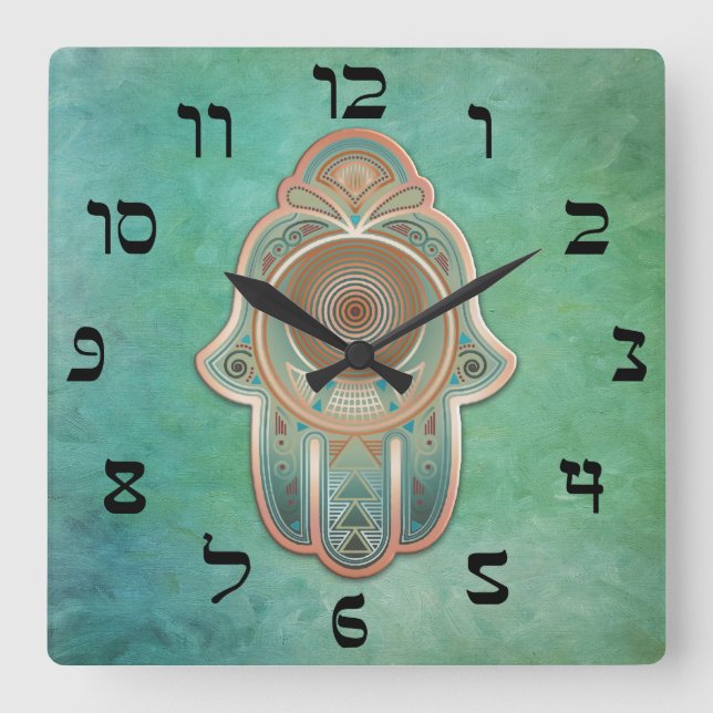 Horloge Carrée Main de Miriam (Hamsa) en cuivre et vert (Recto)