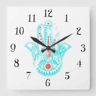 Horloge Carrée Main turquoise rouge spirituelle de Hamsa