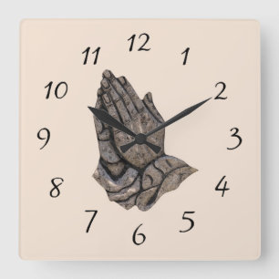 Horloge Carrée Mains de prières métalliques