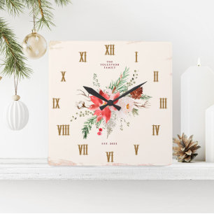 Horloge Carrée Maison de Noël Hiver Poinsettia Rustique