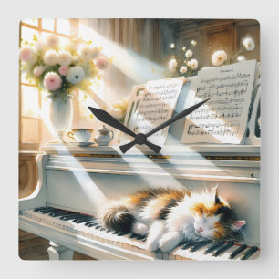 Horloge Carrée Maison de Rêve au Piano Ensoleillé avec Chat Cotta