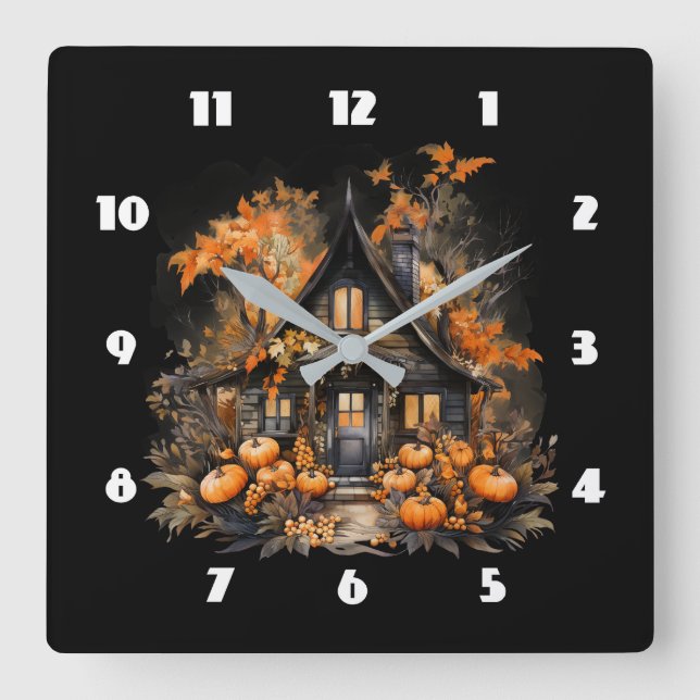 Horloge Carrée Maison hantée avec Halloween Citrouille (Recto)