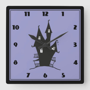 Horloge Carrée Maison hantée noire sur Arrière - plan pourpre