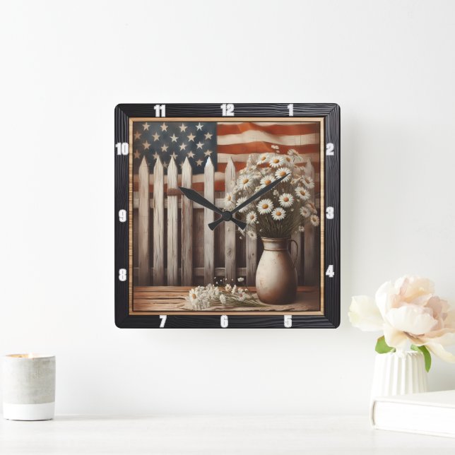 Horloge Carrée Maison rustique Daisy American Flag (Maison)