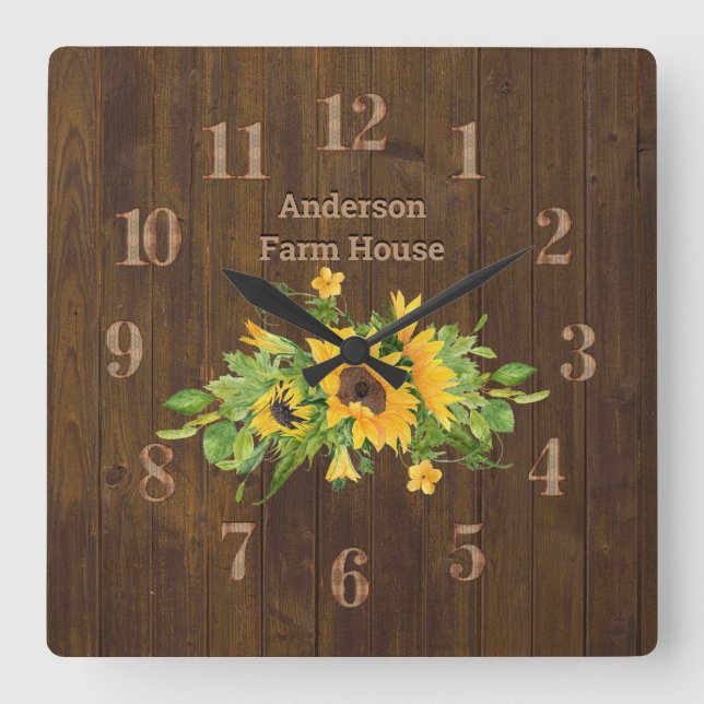 Horloge Carrée Maison rustique en bois ferme Cuisine tournesol (Recto)