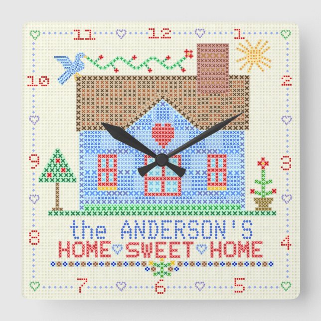 Horloge Carrée Maison Sweet Home Cross Stitch House | Nom de fami (Recto)