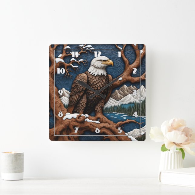 Horloge Carrée Majestic Bald Eagle Perché dans le paysage hiverna (Maison)