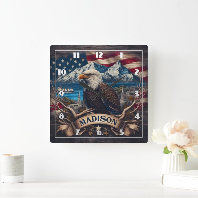 Horloge Carrée Majestic Eagle Surplombant Madison Paysage (Maison)