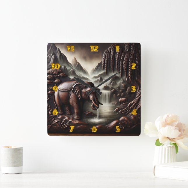 Horloge Carrée Majestic Elephant Boire par Cascade sereine (Maison)