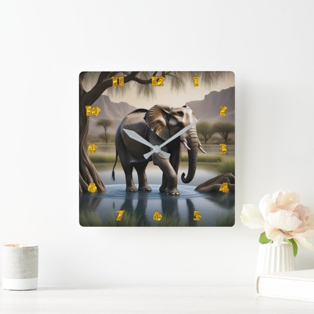 Horloge Carrée Majestic Eléphant Wading dans l'eau sereine à l'au (Maison)