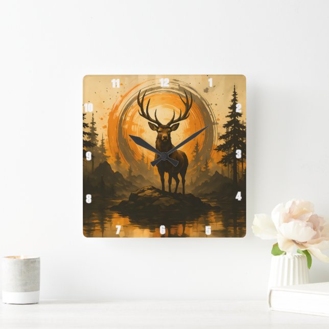 Horloge Carrée Majestic Elk debout Fier Rock Forest (Maison)
