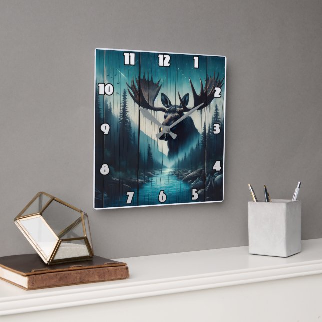 Horloge Carrée Majestic Moose surplombant le paysage de la rivièr (Bureau)