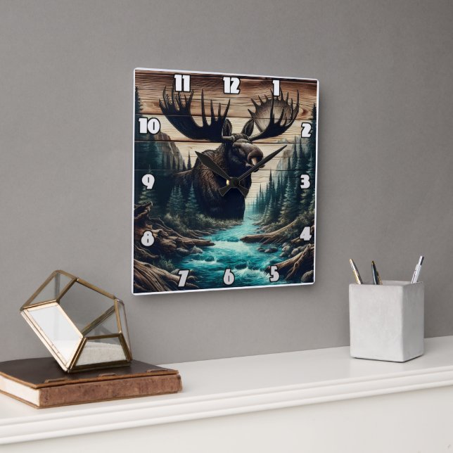 Horloge Carrée Majestic Moose surplombant le paysage de la rivièr (Bureau)