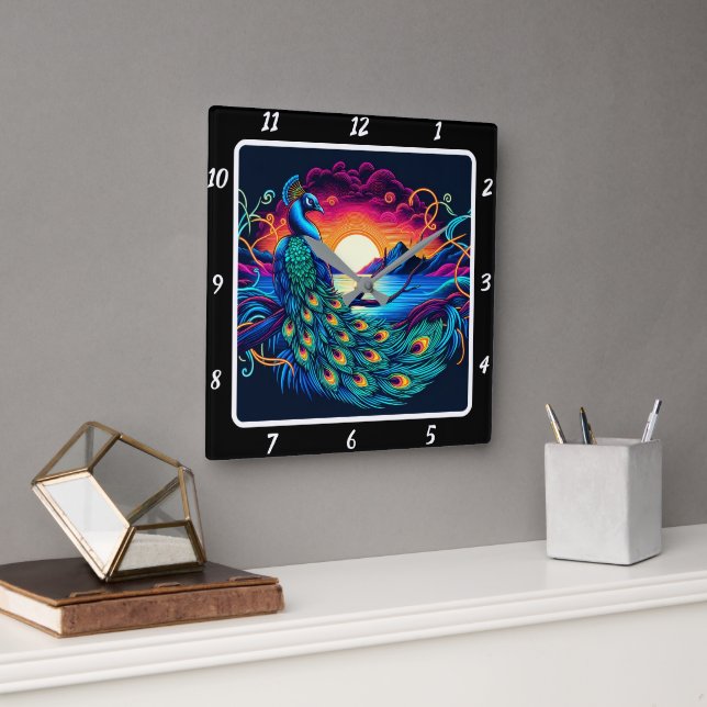 Horloge Carrée Majestic Peacock Glow (Bureau)