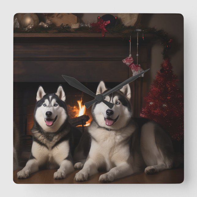 Horloge Carrée Malamute en Alaska près de la cheminée Noël (Recto)