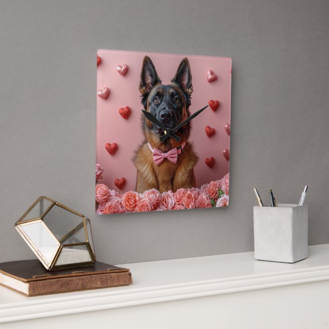 Horloge Carrée Malinois belge avec des roses - Saint-Valentin  (Bureau)