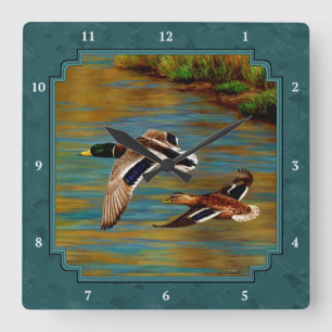 Horloge Carrée Mallard Canards en vol Turquoise