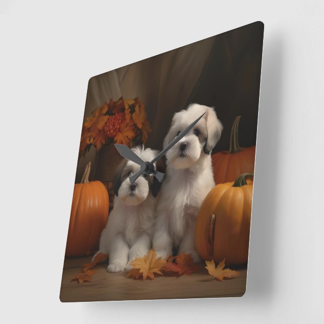 Horloge Carrée Malti tzu Puppy Citrouille d'automne (Angle)