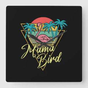 Horloge Carrée Mama Bird Flamant rose Sunset Palm Tree Beach anné