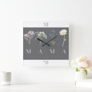 Horloge Carrée Mama Wildflower Fête des Mères et Anniversaire