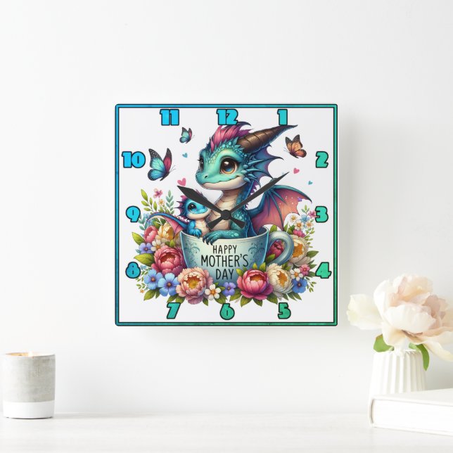 Horloge Carrée Maman dragon : Coupe, Fleurs, Fête des Mères (Maison)