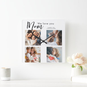 Horloge Carrée maman, maman, photo collage, on t'aime, typographi