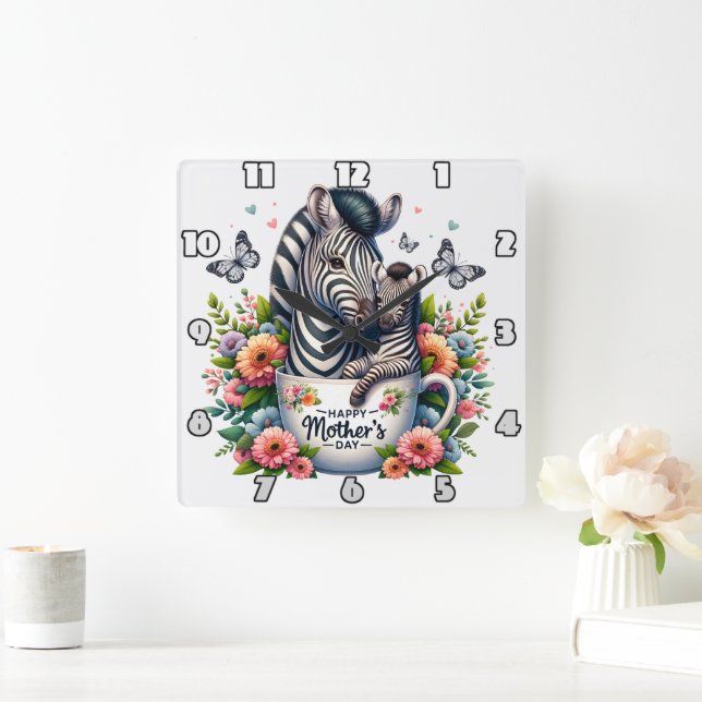 Horloge Carrée Maman zébrée : Foal, Fleurs, Fête des mères (Maison)