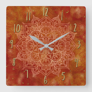 Horloge Carrée Mandala orange et glamour doré moderne chic
